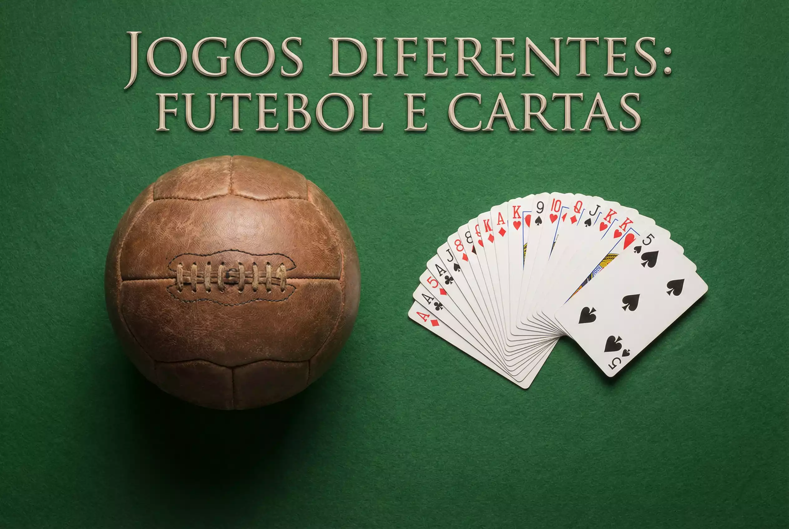 Bola de futebol e baralho de cartas lado a lado sobre uma mesa de feltro verde