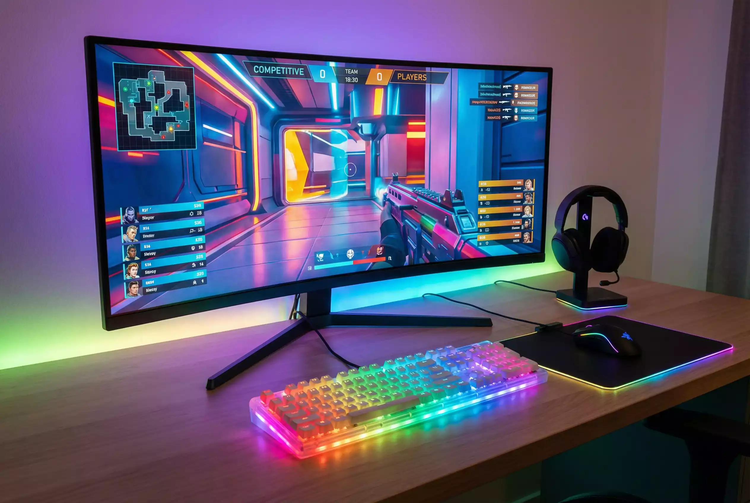 Teclado mecânico iluminado e monitor com jogo competitivo numa secretária gaming