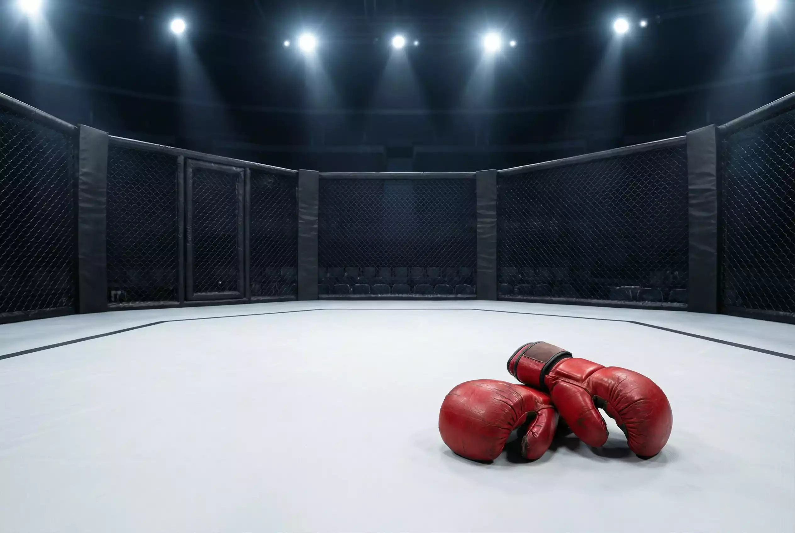 Octógono de MMA vazio com luvas de combate pousadas sobre a lona