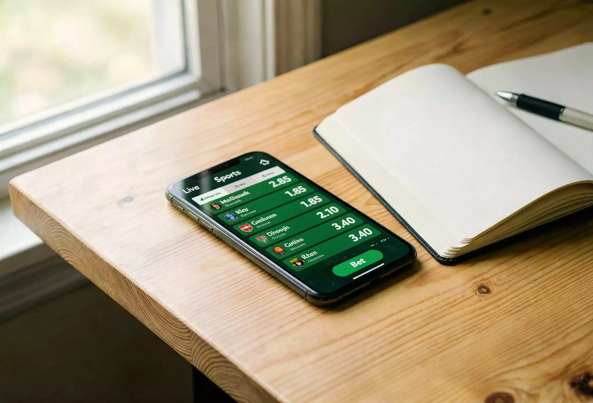 Smartphone com ecrã ligado pousado sobre uma mesa junto a um caderno aberto