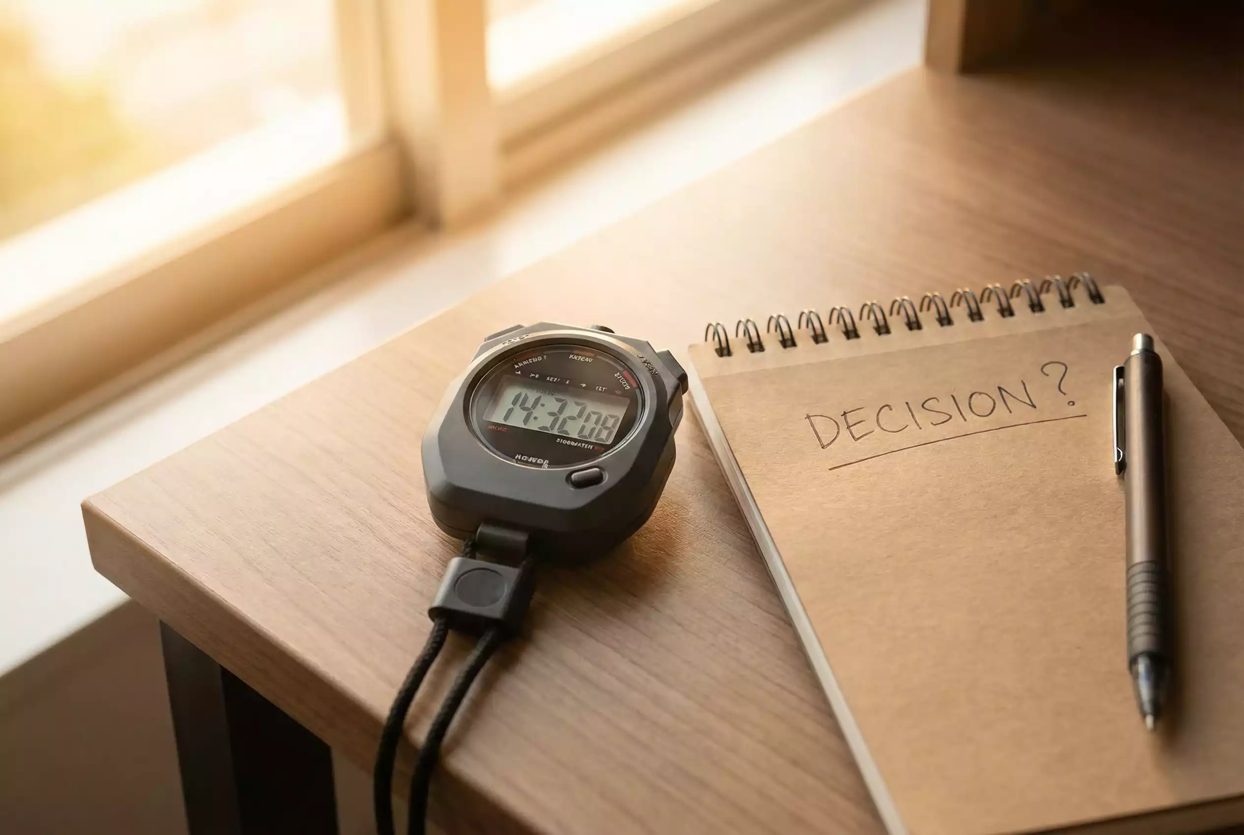 Cronómetro digital parado sobre uma mesa com notas e caneta ao lado