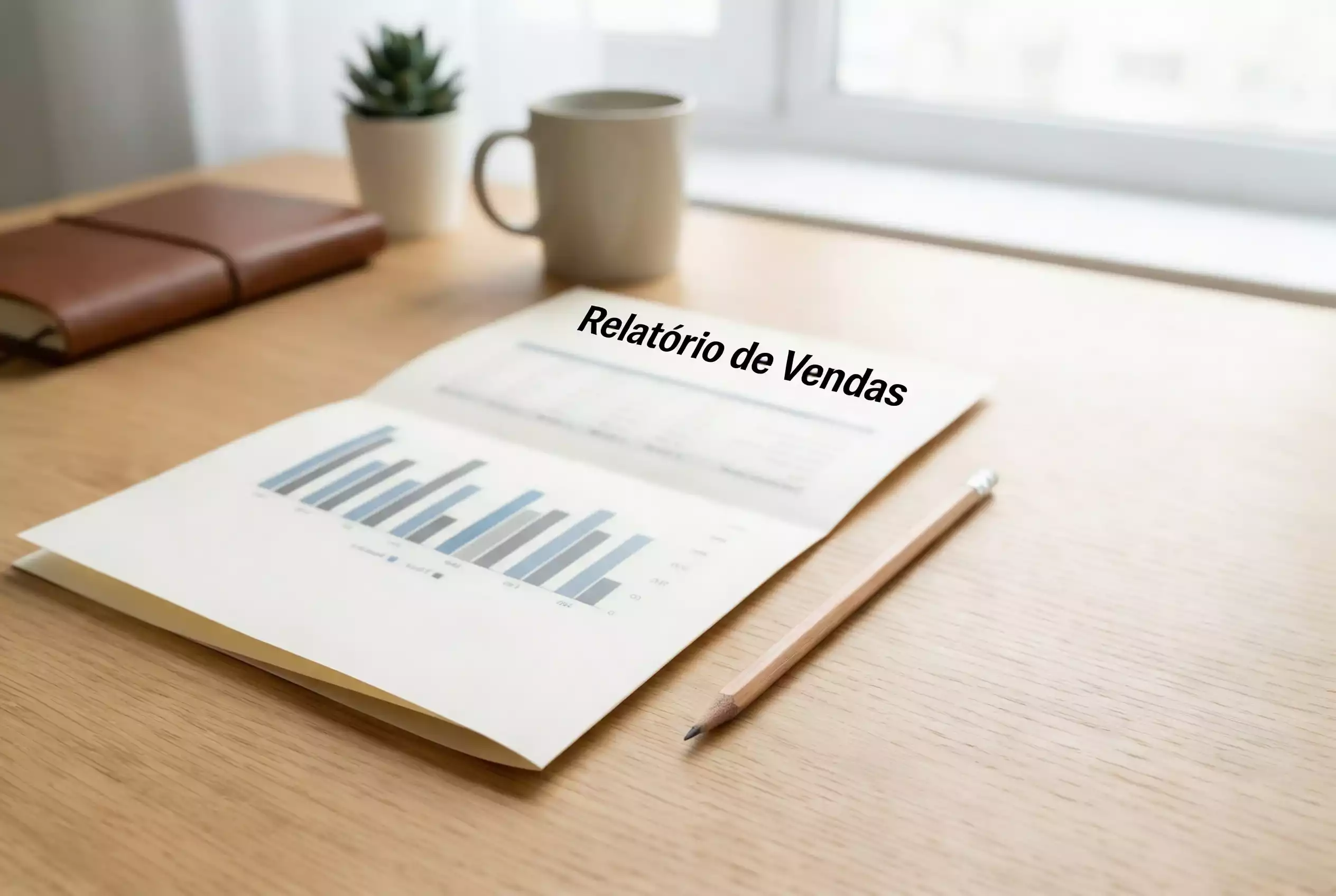 Documento fiscal com gráfico de barras e lápis sobre uma secretária de madeira