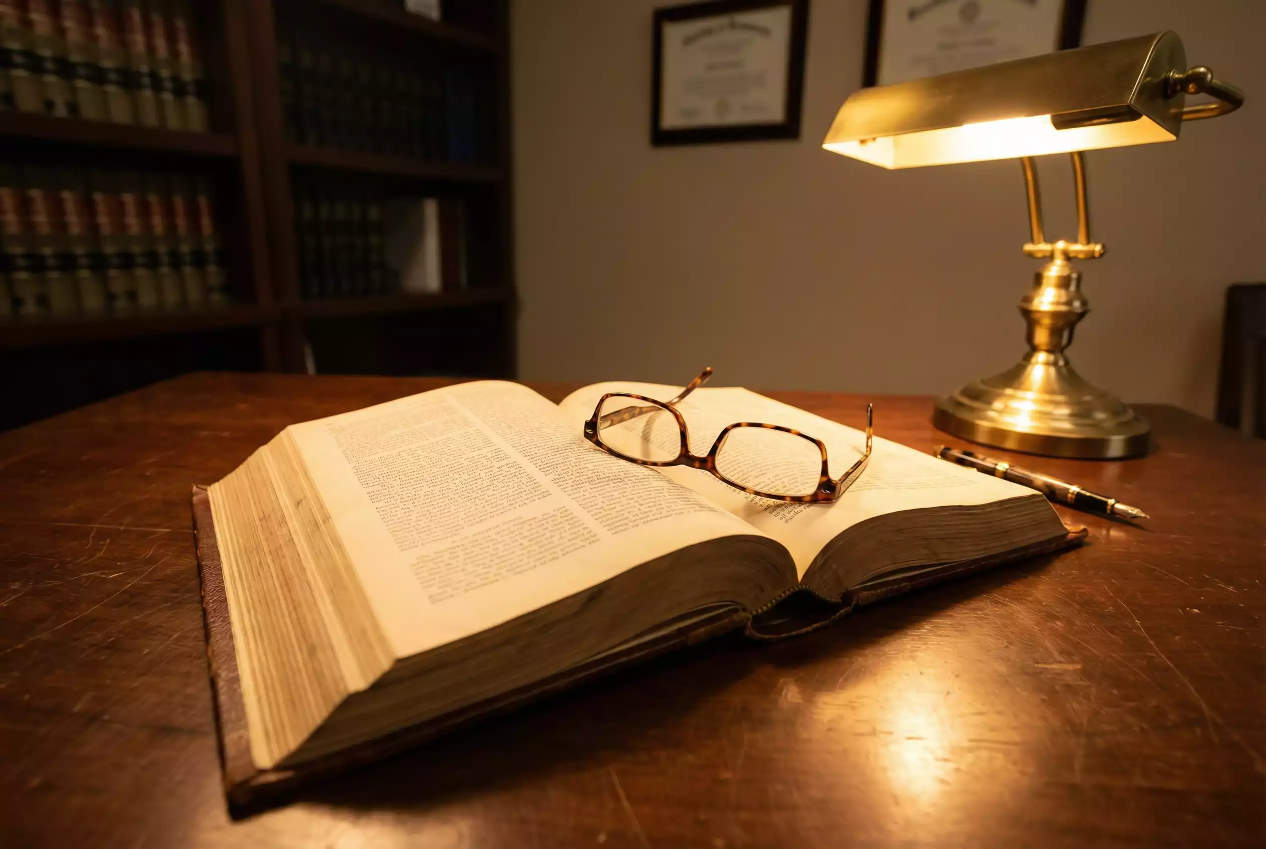 Livro de legislação aberto sobre uma secretária com óculos de leitura pousados