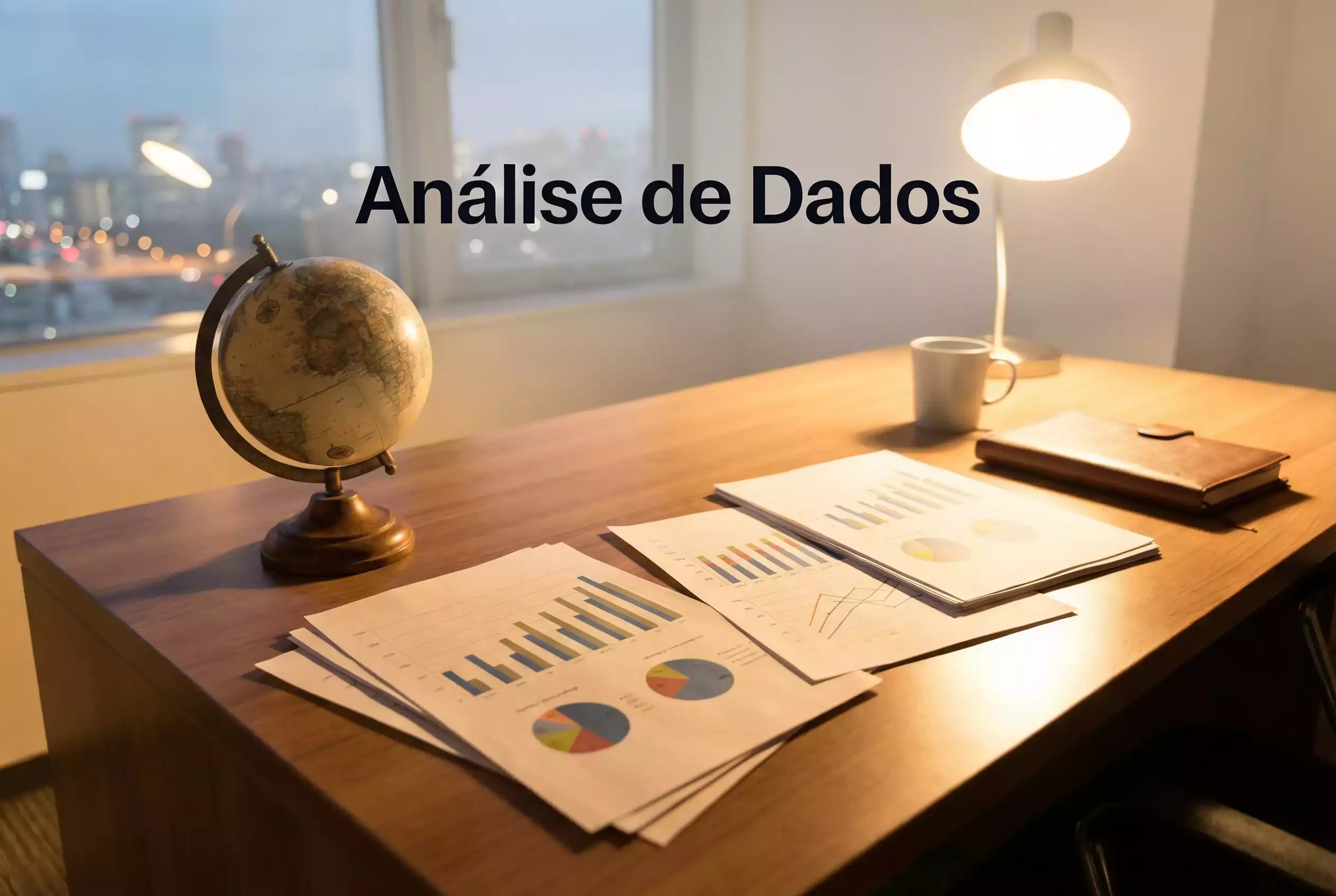 Globo terrestre sobre uma secretária junto a gráficos financeiros impressos