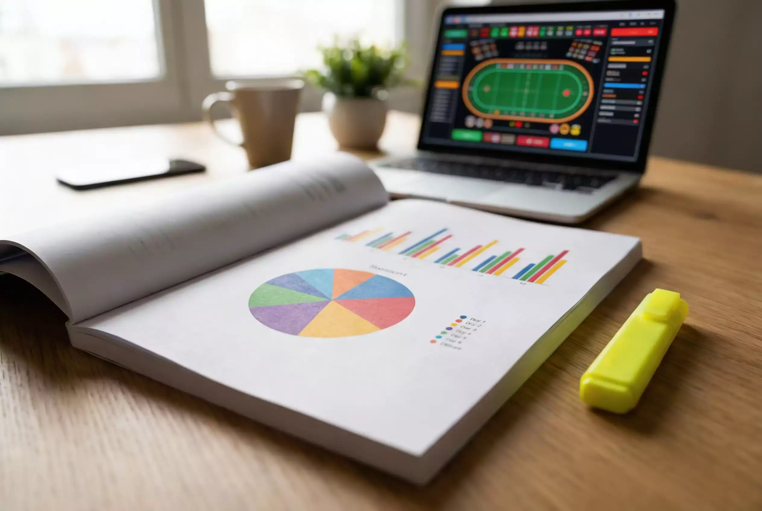 Gráfico circular impresso num relatório estatístico sobre uma secretária