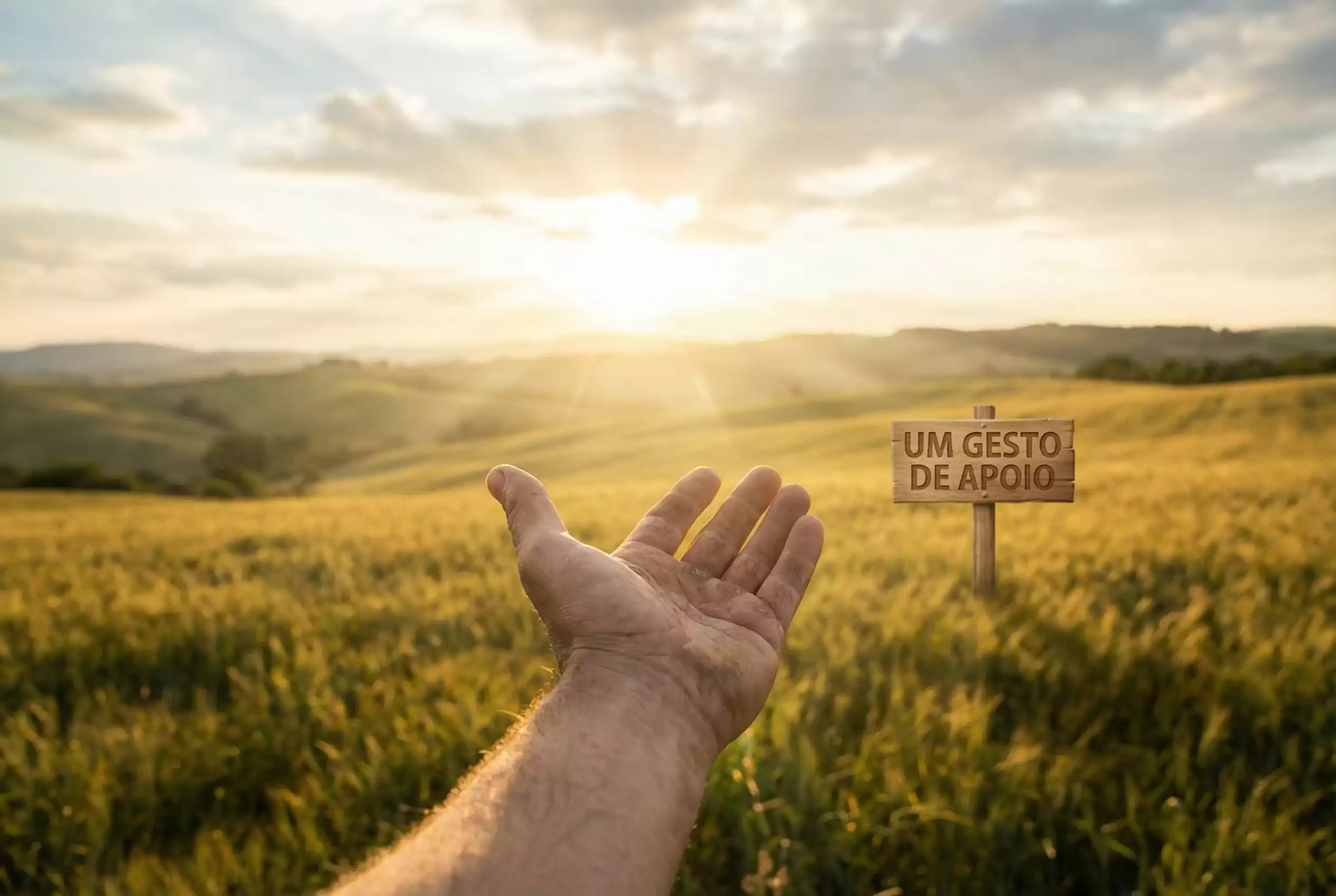 Mão estendida a oferecer ajuda sobre um fundo claro e sereno